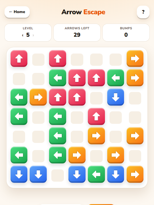 A board of colourful arrow blocks pointing up, down, left and right