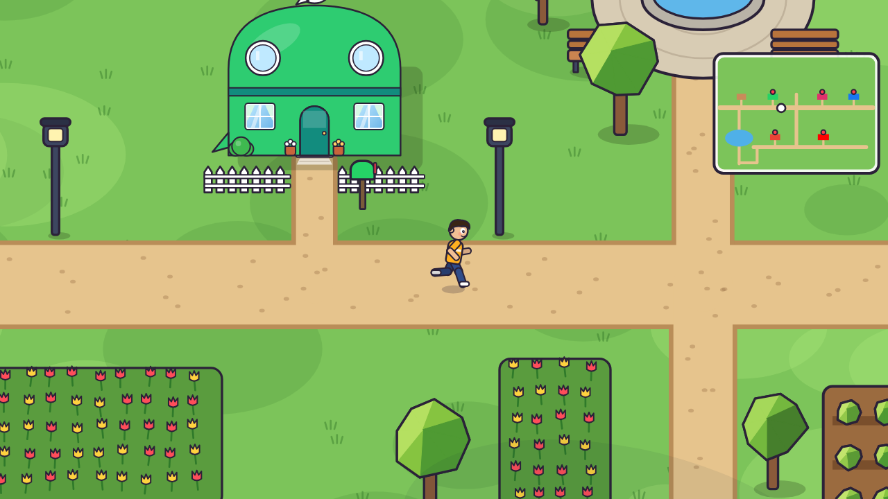 A young man jogging along a village path past a green chat-bubble house