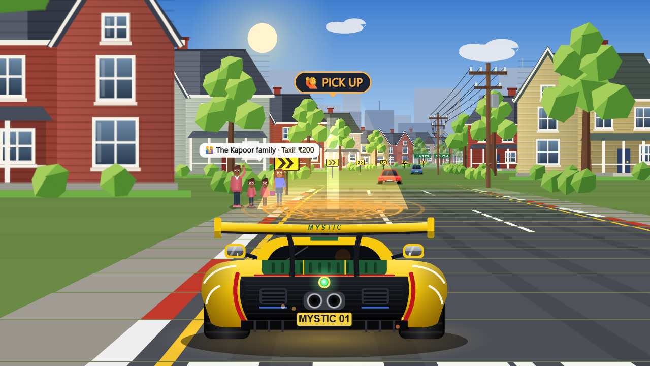 The yellow Mystic Cab pulling up to a family waiting for a ride