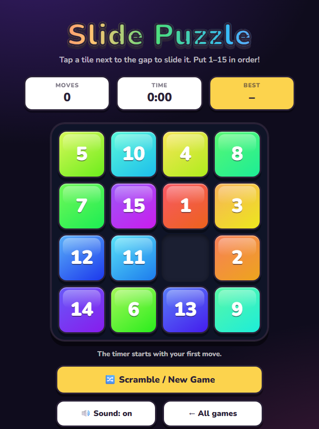 A colourful 4 by 4 sliding number puzzle