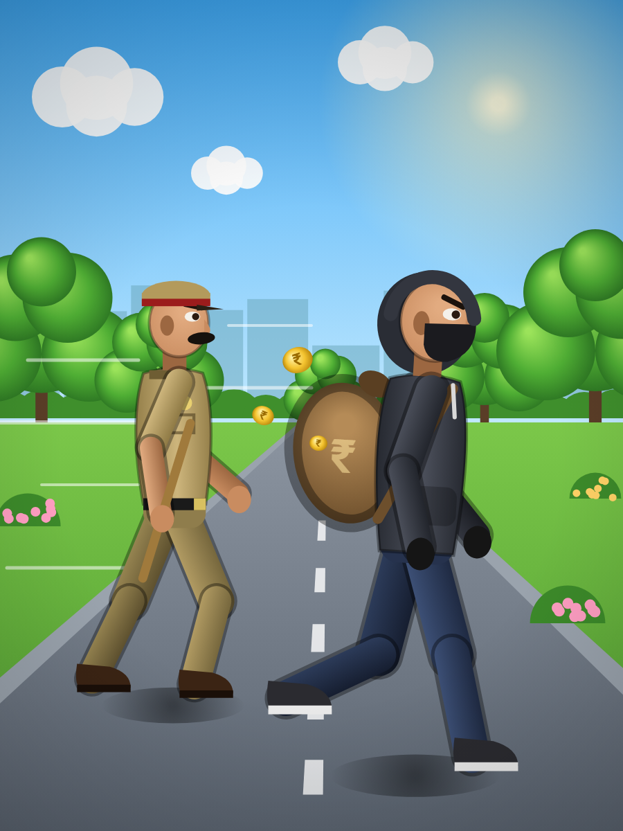 A police officer chasing a masked thief carrying a sack of money