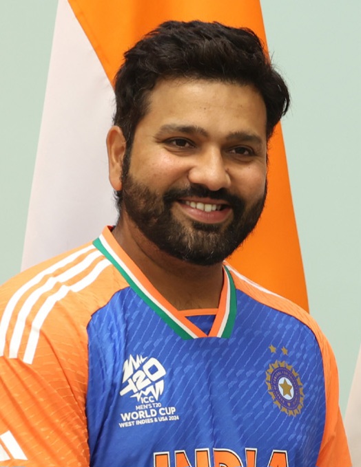 Rohit Sharma smiling in India's 2024 T20 World Cup jersey
